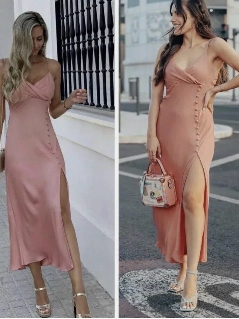 Zara Dusty Rose Satin Midi Slip Dress with Side Buttons